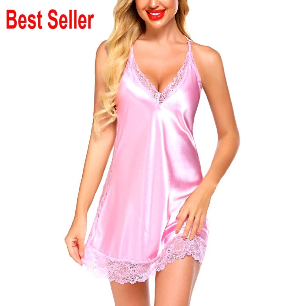 Satin Lace Chemise Nightgown Sexy Full Slip Sleepwear Adjustable Straps Elegant